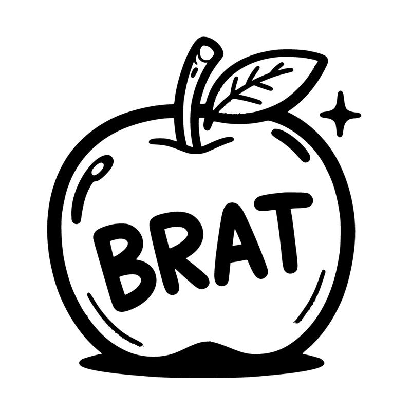 blank apple saying “brat” on it