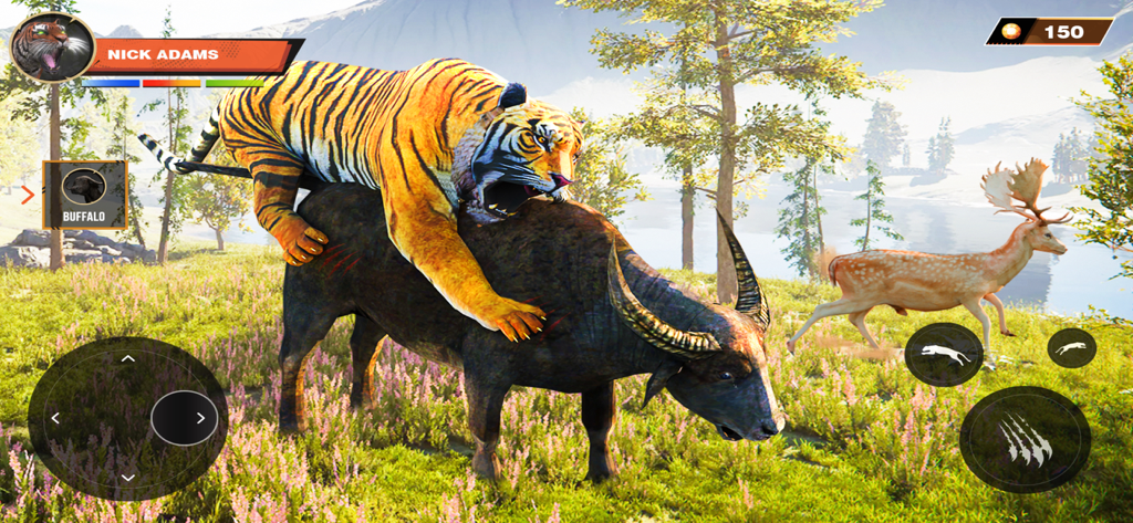 A tiger attacking a buffalo in a 3D animal hunting simulator game