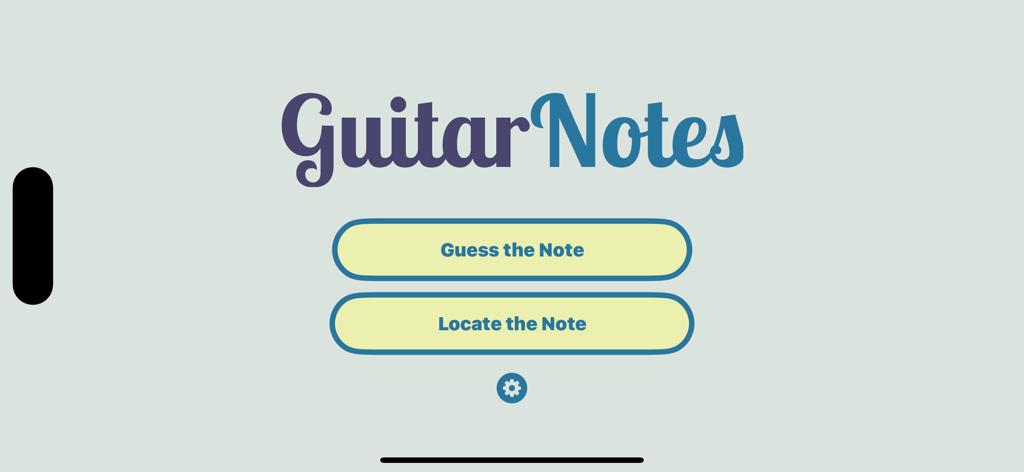 GuitarNotes - Master Fretboard - GuitarNotes app home screen featuring buttons for Guess the Note and Locate the Note training modes.