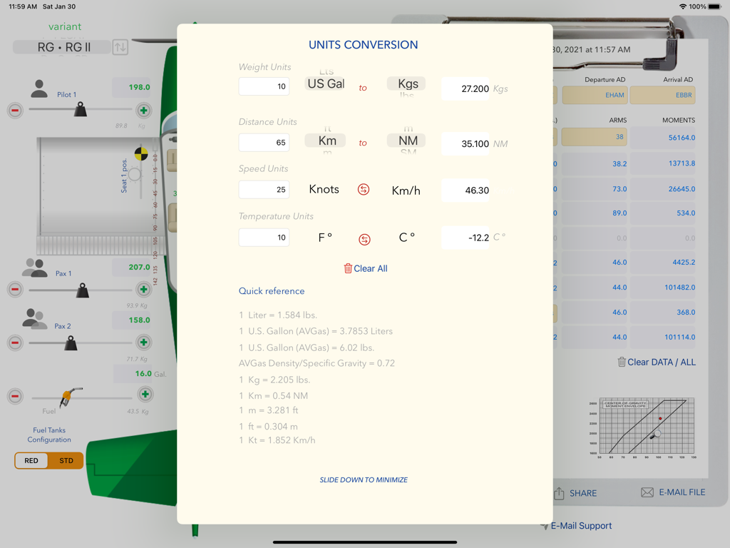 Aviation units conversion screen in the C172 M&B app showing weight distance speed and temperature conversions