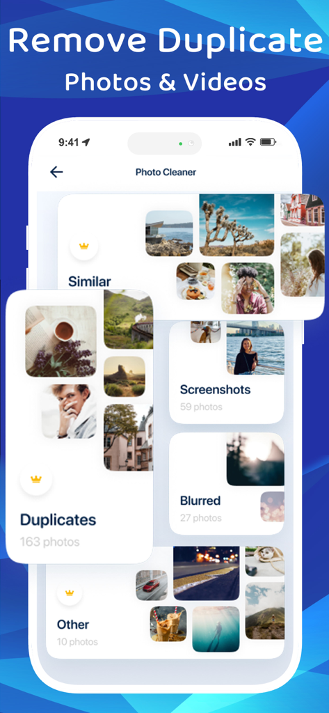 Interface of the Boost Cleaner app displaying categories for removing duplicate and similar photos