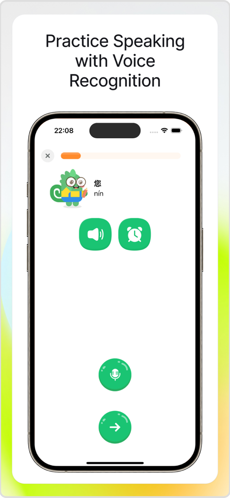 Pidu: Learn Chinese HSK 1-6 - Smartphone screen showing Pidu Chinese learning app voice recognition feature for speaking practice