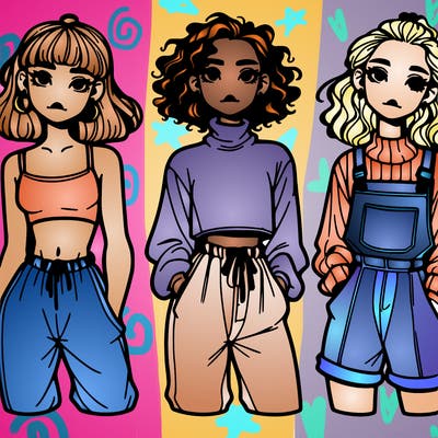3 girls realistic one with crop top and baggy pants one with a turtleneck and curly hair and one with a long jumper and shorts