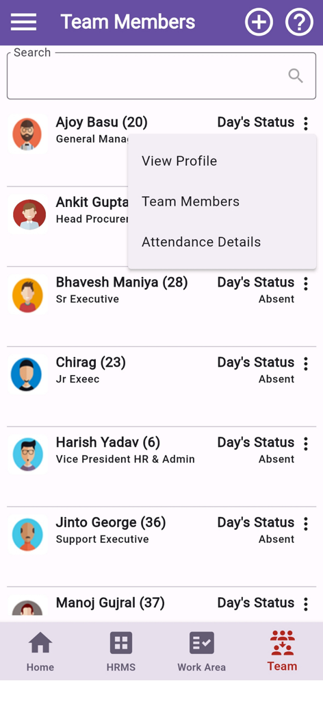 EazeWork HR mobile app showing a list of team members with their job titles and daily attendance status.
