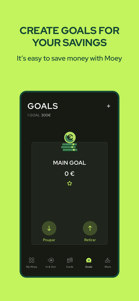 Moey mobile banking app interface showing the create savings goals screen with a main goal tracker