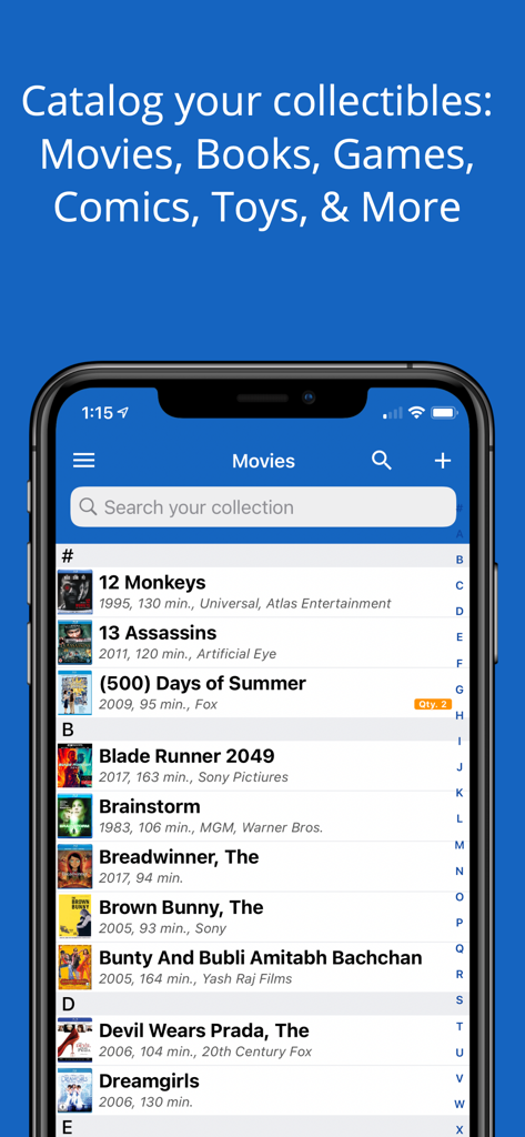 iCollect Everything: Inventory - Screenshot of iCollect Everything app showing a movie inventory list