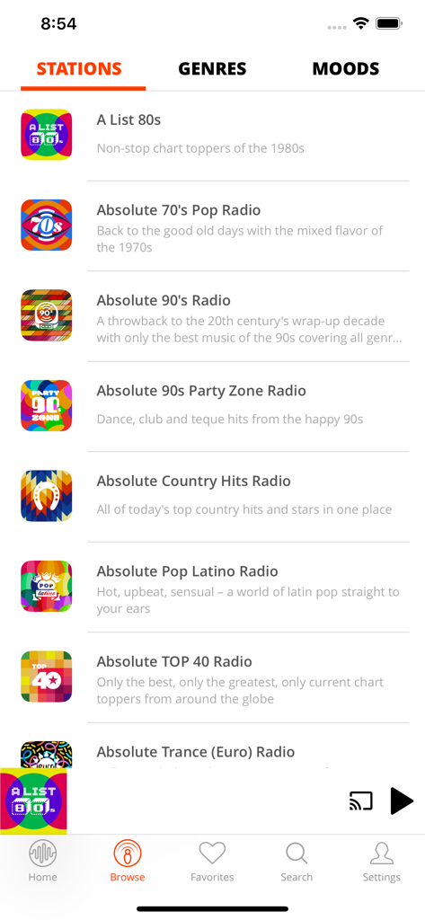 A list of curated radio stations categorized by decade and genre in the 1FM internet radio app