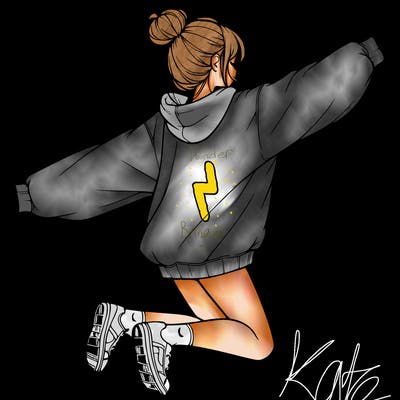 realistic girl jumping with a bun and oversized sweatshirt