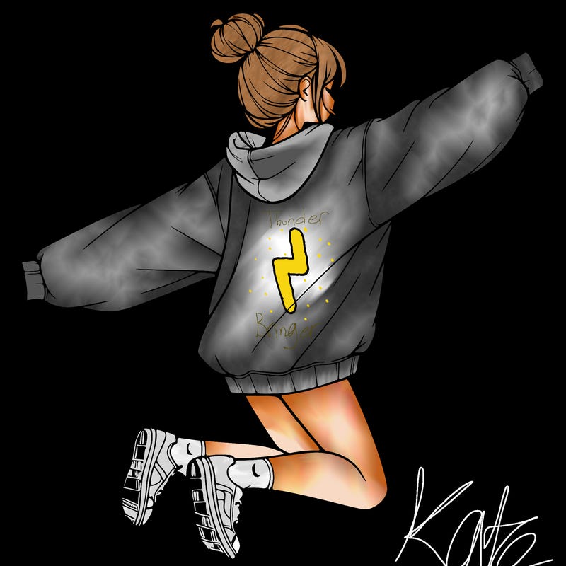 realistic girl jumping with a bun and oversized sweatshirt
