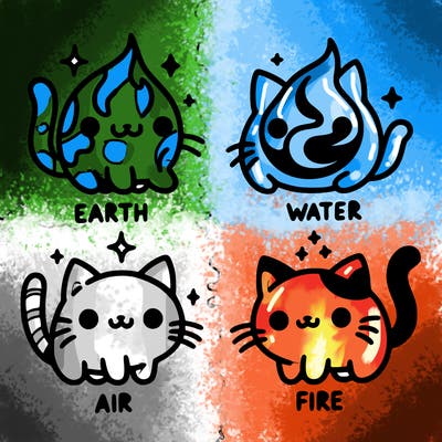 4 cats that represent the different elements, earth, water, air, and fire