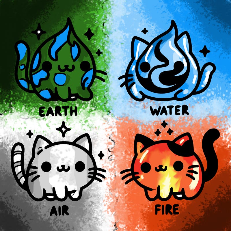 4 cats that represent the different elements, earth, water, air, and fire