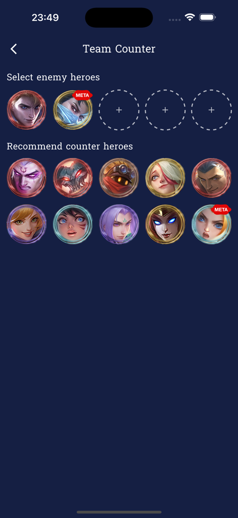 Nova Counter - Interfaz de la aplicación Nova Counter mostrando selecciones de héroes recomendadas para contrarrestar a los personajes enemigos seleccionados en Mobile Legends Bang Bang.