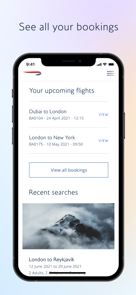 British Airways mobile app screen showing upcoming flight itineraries and recent travel searches