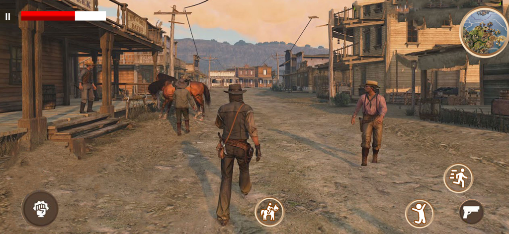 Un personaje vaquero camina por un pueblo polvoriento del Lejano Oeste en el RPG móvil West Survival of Cowboy Horse.