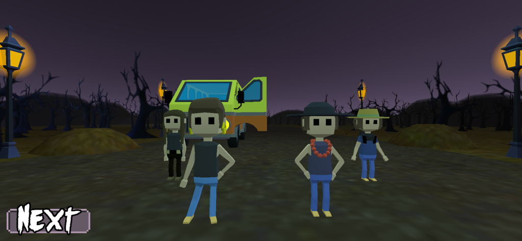 Hussy Hicks - Four 3D blocky characters from the band Hussy Hicks standing in front of a van at night.