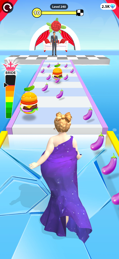 Bride Race & Outfit Makeover - ファッションランナーゲームで、ウェディング祭壇にいる新郎に向かって走る紫色のドレスを着た花嫁キャラクター