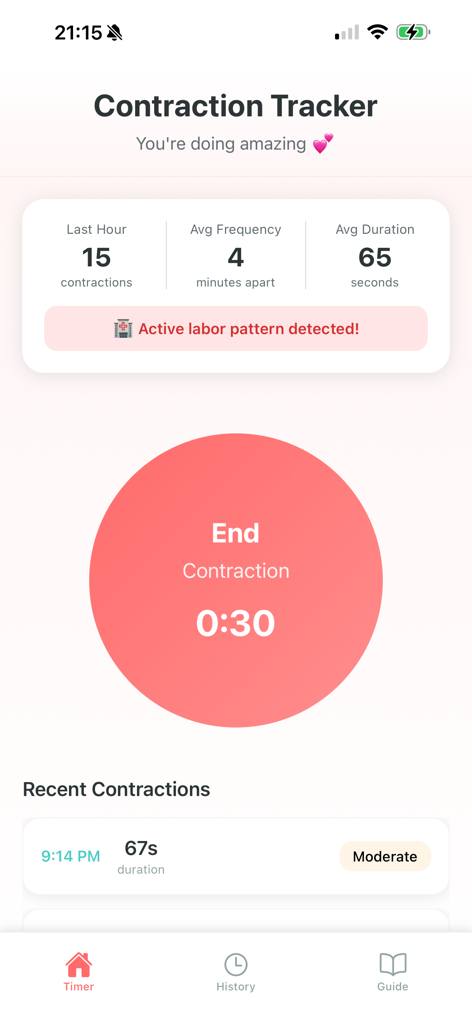 Screenshot der Benutzeroberfläche der Wehen-Tracker-App mit einer Benachrichtigung über aktive Wehenmuster und einem Live-Wehen-Timer.