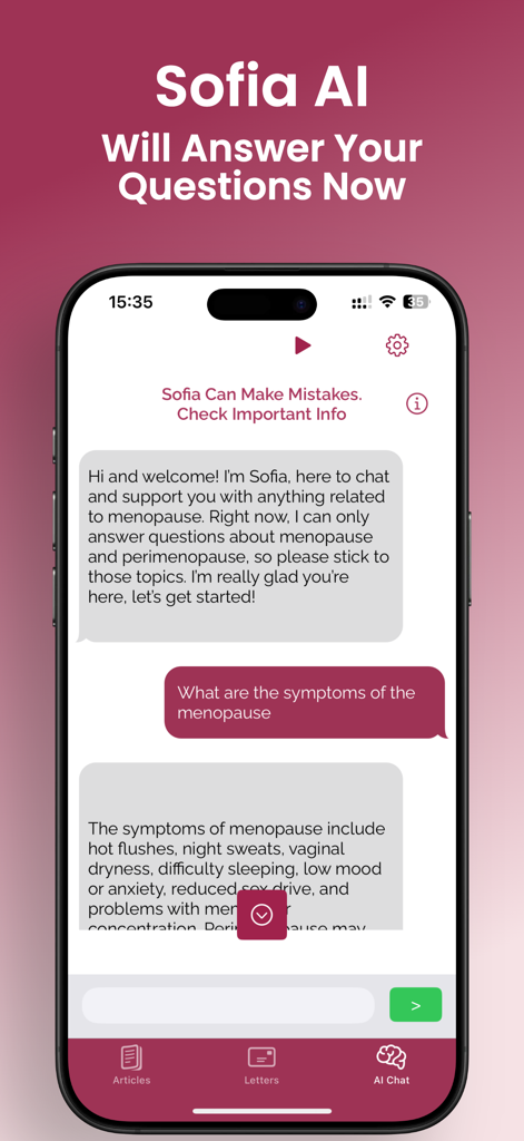 Sofia AI chatbot interface providing information about menopause symptoms in response to a user question