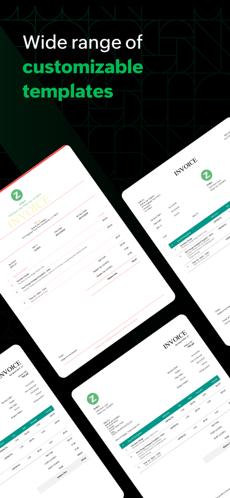A display of professional and customizable invoice templates available in the Zoho Billing Management App