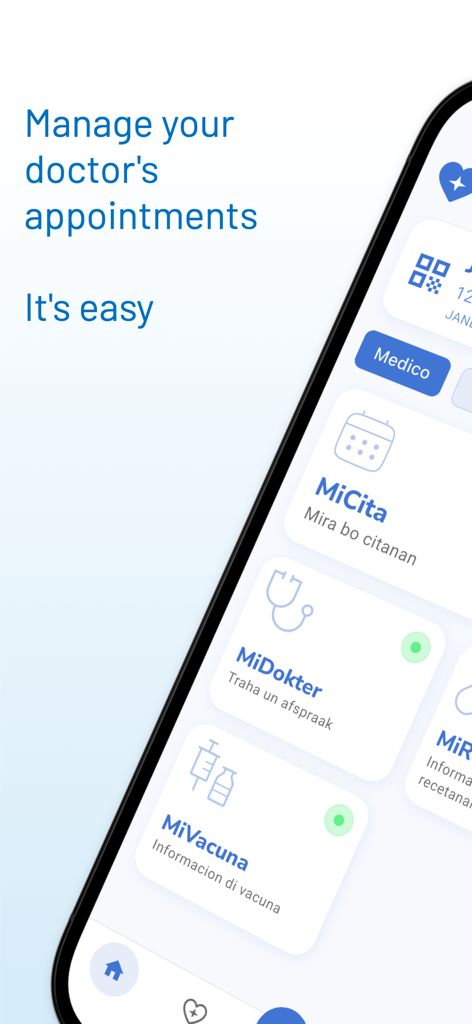 Aruba Health App screen showing options to manage doctor appointments and view vaccine records