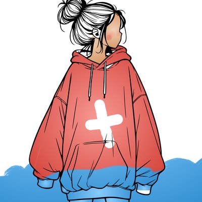 realistic girl with a oversized sweatshirt on and a bun