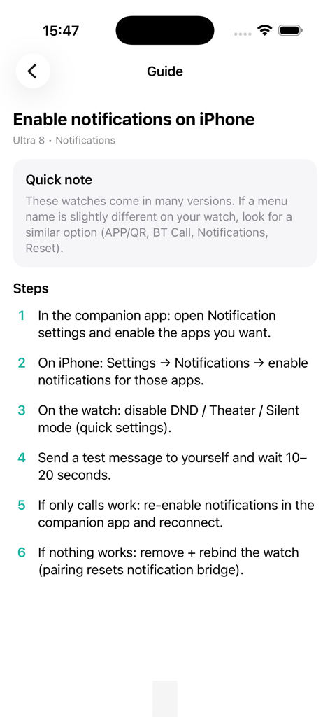 8 Ultra T800 T900 Watch Guide - Instruções passo a passo para habilitar notificações no iPhone para smartwatches Ultra 8 T800 e T900.