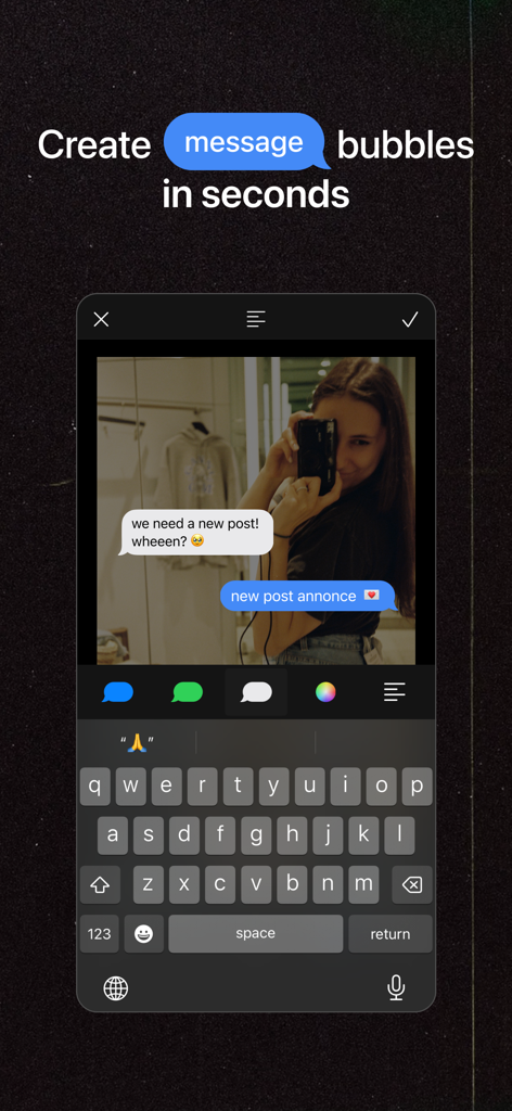 Une capture d'écran montrant l'interface de l'application 17V28 pour créer des bulles de message personnalisées sur un collage de photos.