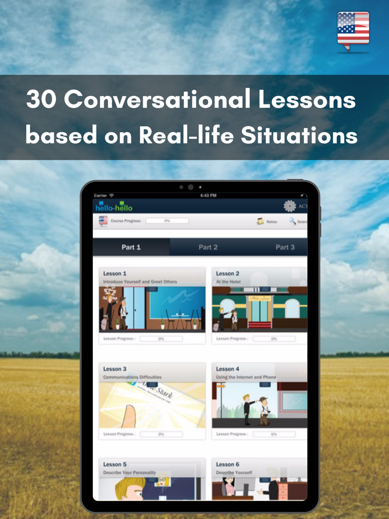 Learn English with Hello-Hello - Interfaccia dell'app Hello-Hello English che mostra lezioni conversazionali su un iPad