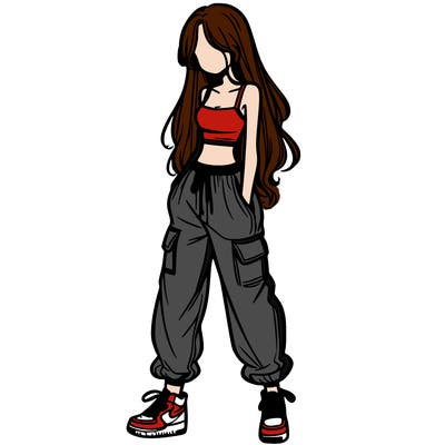 girl in baggy pants crop top and long hair