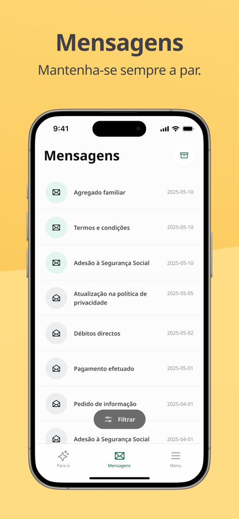 La pantalla de la bandeja de entrada de mensajes de la aplicación Seguranca Social que muestra una lista de notificaciones y actualizaciones administrativas.