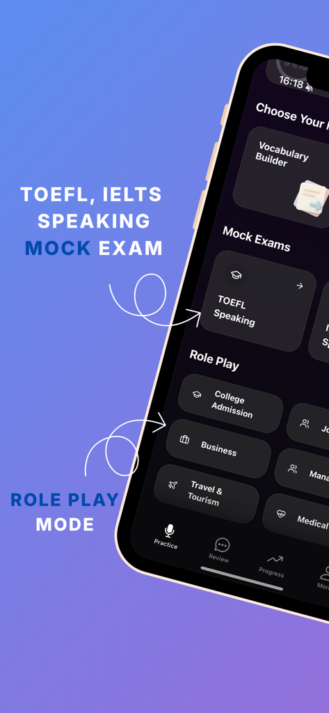 Nuva - English Tutor - Pantalla de la aplicación Nuva que muestra exámenes simulados de TOEFL IELTS y modos de práctica de juego de roles.
