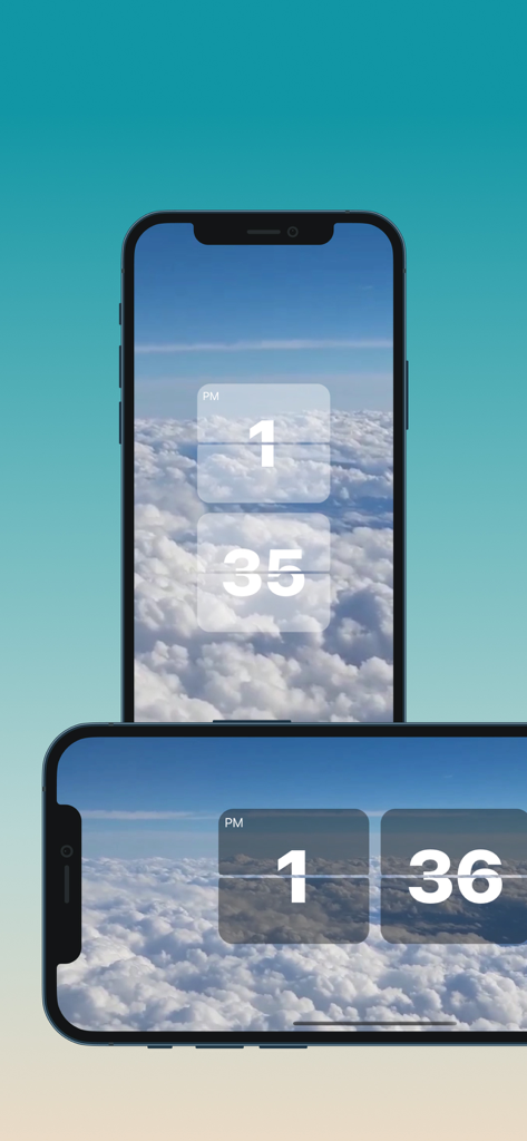 Heal Clock - Heal Clock app showing a minimalist flip clock over a cloud background on both portrait and landscape mobile screens