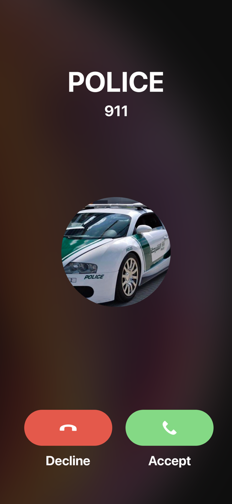 Fake Call - Mobile phone screen showing a fake incoming call from the police with a 911 number and call action buttons.