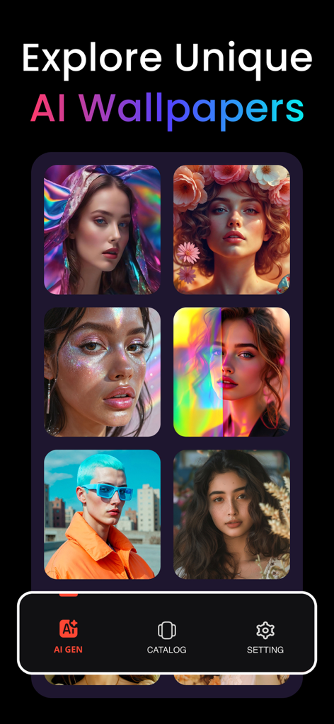 AI Photo Generator: Wallpapers - A grid of unique AI-generated aesthetic portrait wallpapers in the Flex app interface