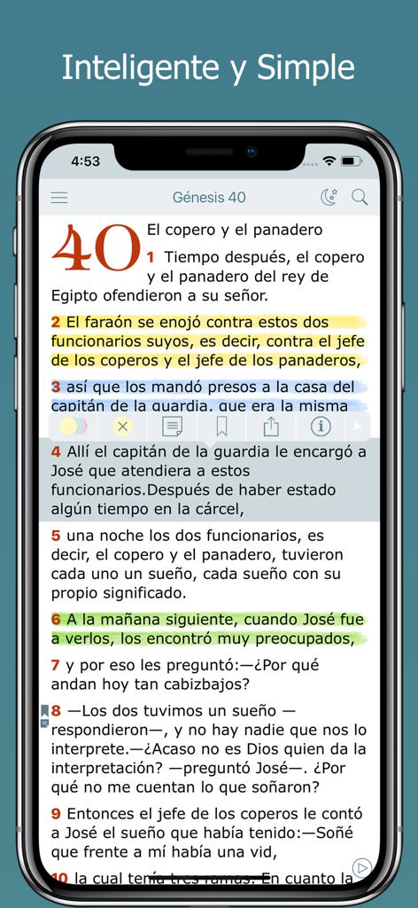 La Biblia NVI - Bible en Audio - Interface of the La Biblia NVI app showing highlighted verses from Genesis 40 in Spanish