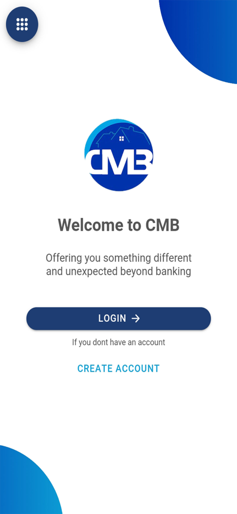 CMB Mobile App - Pantalla de bienvenida de CMB Mobile App con botones de inicio de sesión y creación de cuenta