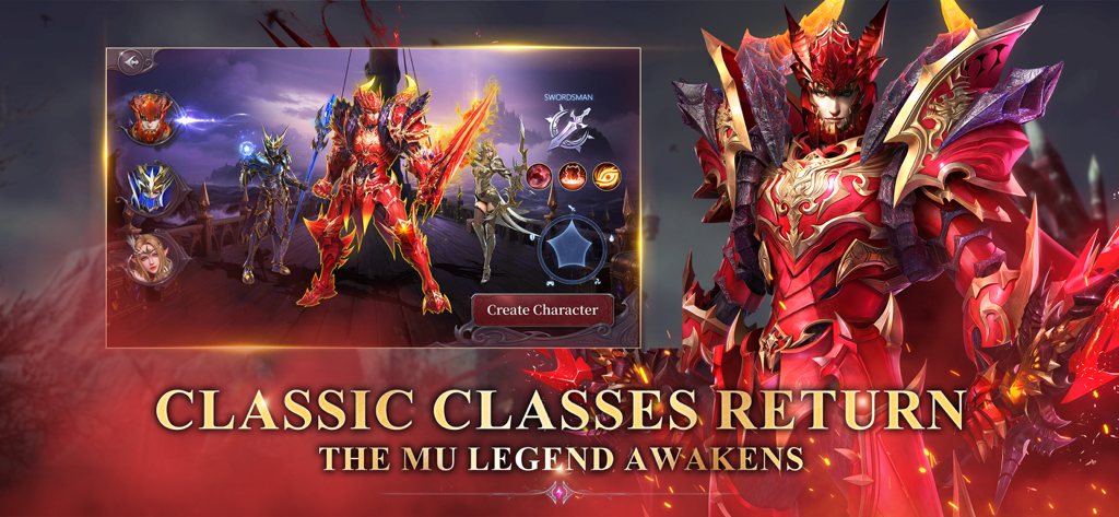 MU: Dark Awakening - Écran de sélection de personnage MU Dark Awakening montrant la classe Guerrier en armure rouge