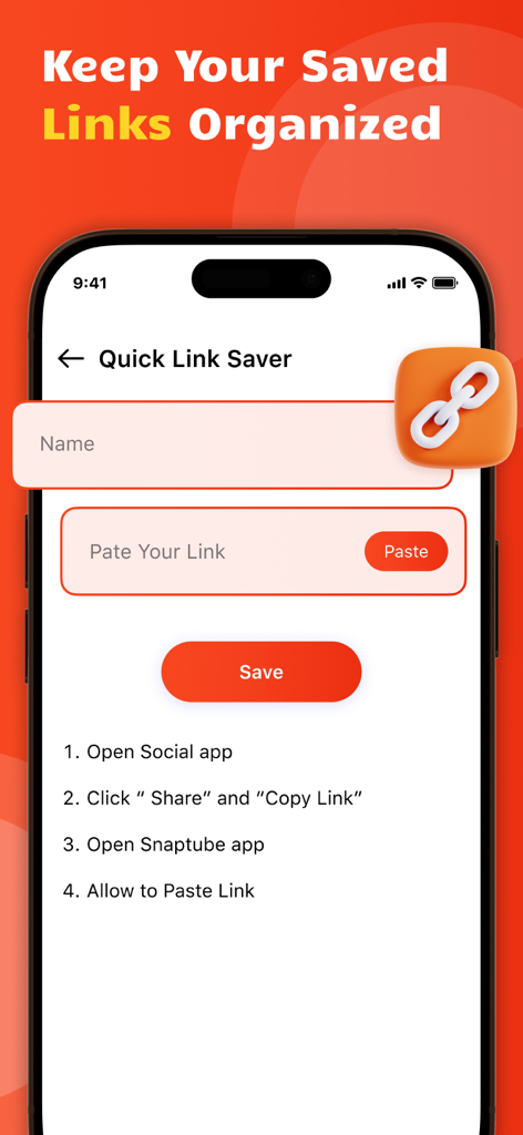 Video Downloader & Saver - A mobile app screen showing the Quick Link Saver feature where users can paste and save social media links.
