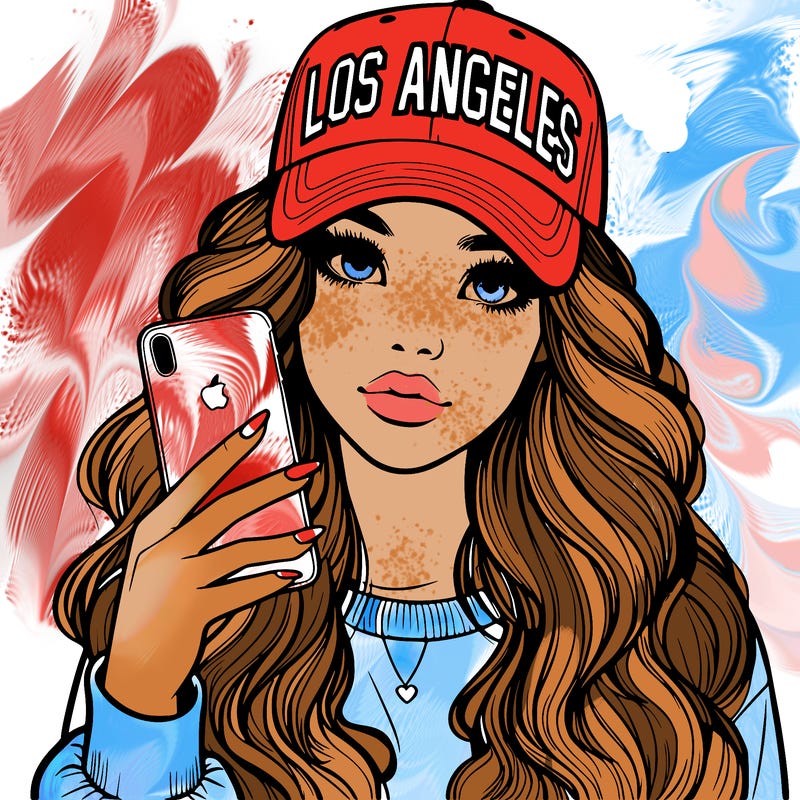 realistic beautiful girl wearing los ángeles cap holding an iphone