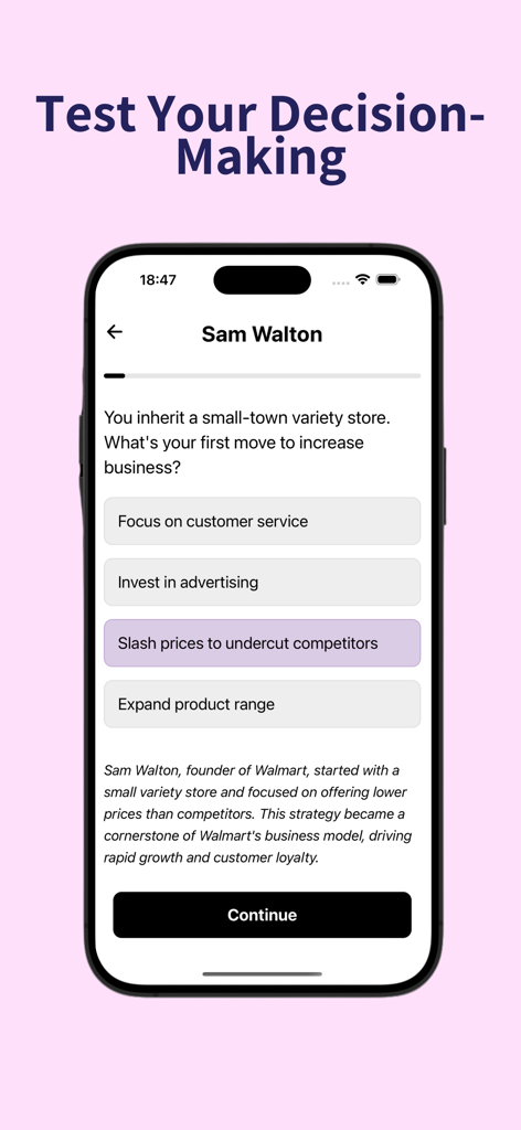 Histou: School of Greatness - Histou app interface showing an interactive decision-making quiz based on Sam Walton business strategy