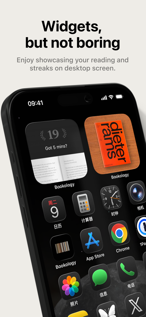 Bookology: Book Tracker - iPhone home screen showing Bookology app widgets for tracking reading streaks and current book covers.