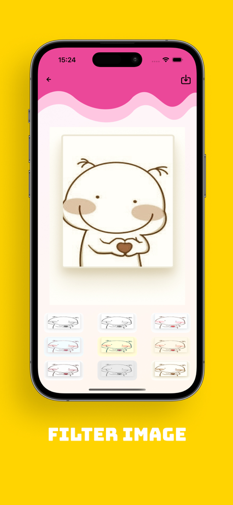 PixVesre: Art Studio Generator - Una captura de pantalla de la aplicación PixVerse que muestra la interfaz de imagen con filtros de color y boceto aplicados a un dibujo de personaje de dibujos animados.