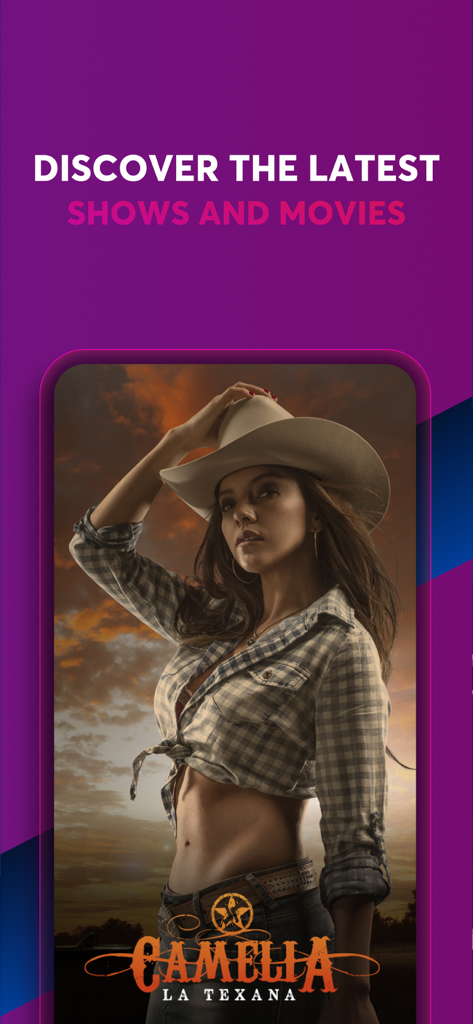 FlixLatino app interface promoting the series Camelia La Texana with text to discover the latest shows and movies