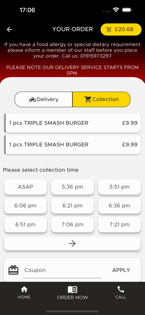 Spice Hut Sunderland - Spice Hut Sunderland app checkout screen showing an order of triple smash burgers with collection time options
