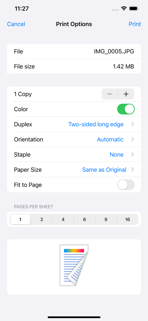 Ricoh myPrint - Interfaccia dell'app Ricoh myPrint che mostra le opzioni di configurazione di stampa