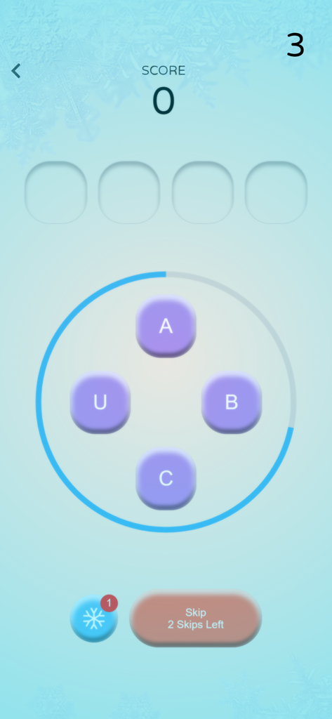 Captura de tela da jogabilidade de Adivinhe Onde Nomes de Países mostrando uma interface de quebra-cabeça de palavras com letras dispostas em círculo para soletrar o nome de um país