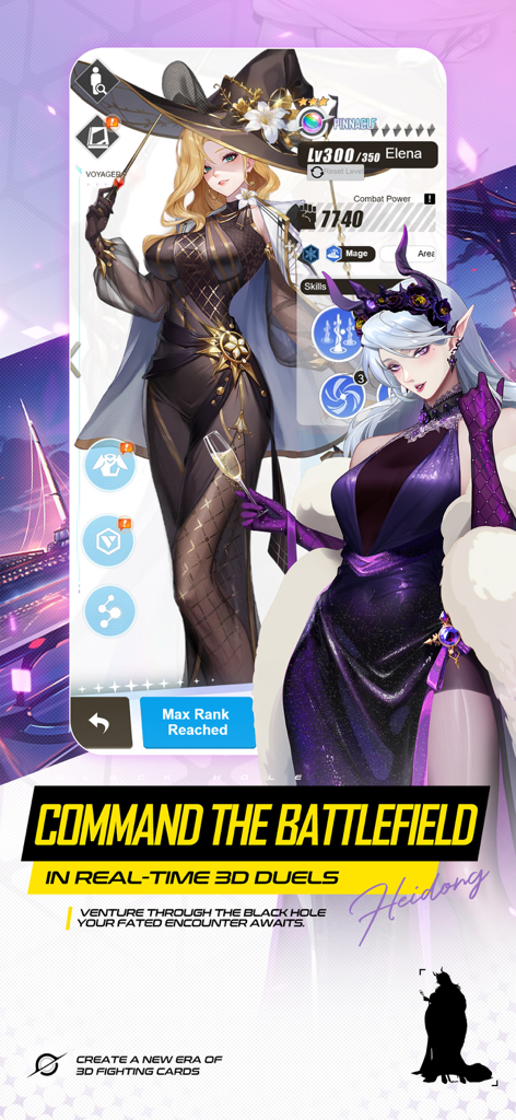 Mobile Goddess: Epic 3D Battle - Captura de pantalla del juego Mobile Goddess que muestra el nivel del personaje Elena la Maga y el título Comanda el Campo de Batalla.