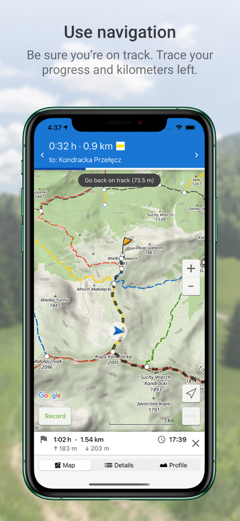 Mobile app screen showing GPS navigation on a topographic hiking trail map in the Polish mountains.