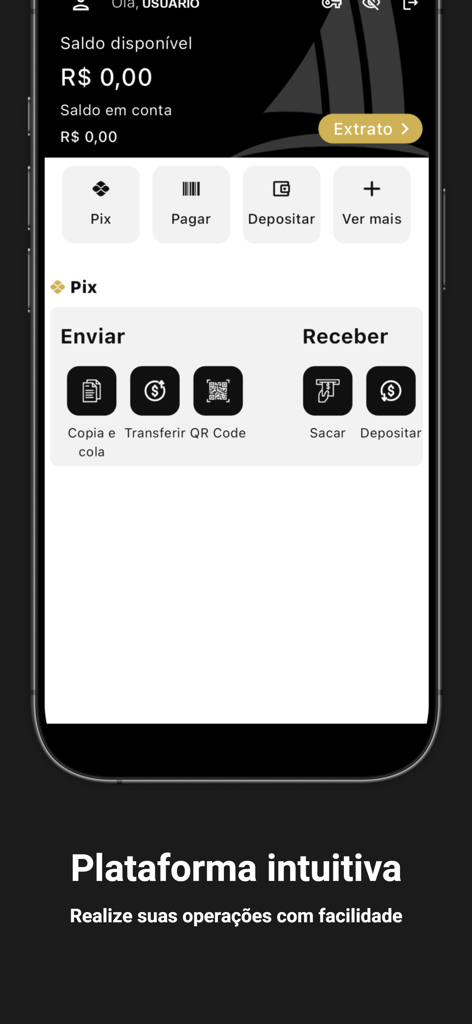 Jangada: Conta PJ Digital - Interface do aplicativo de conta PJ digital da Jangada mostrando opções de transferência Pix e pagamento.