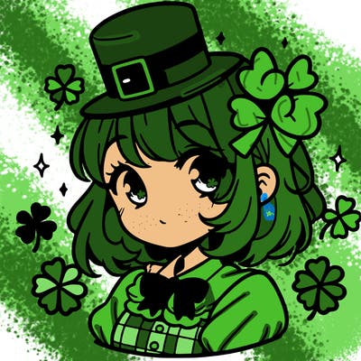 a manga-style girl with clovers around her, a little hat in her hair, like it's saint patrick's day